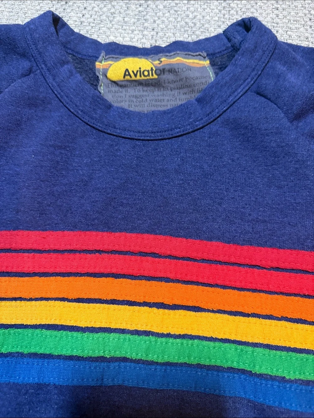 VTG Aviator Nation Pullover Sweatshirt 6 Stripes Rainbow Navy Blue Small - Picture 2 of 6